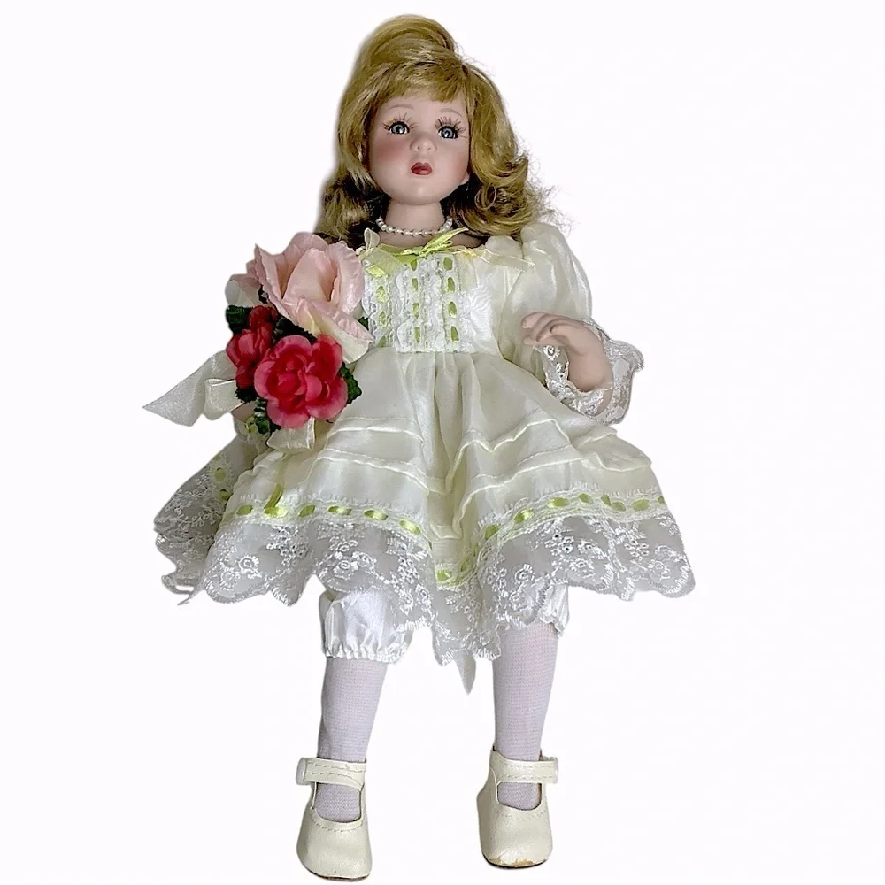 Porcelain Bisque Vintage Doll Sitting Position White Dress Green Collectible 14”